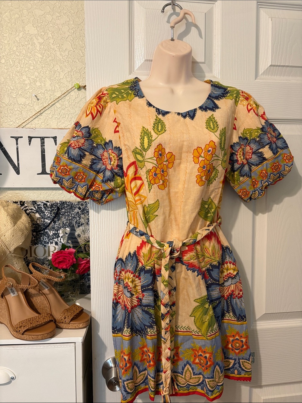 SHORE Boho Floral Puff-Sleeve Midi Dress in Cream and Blue